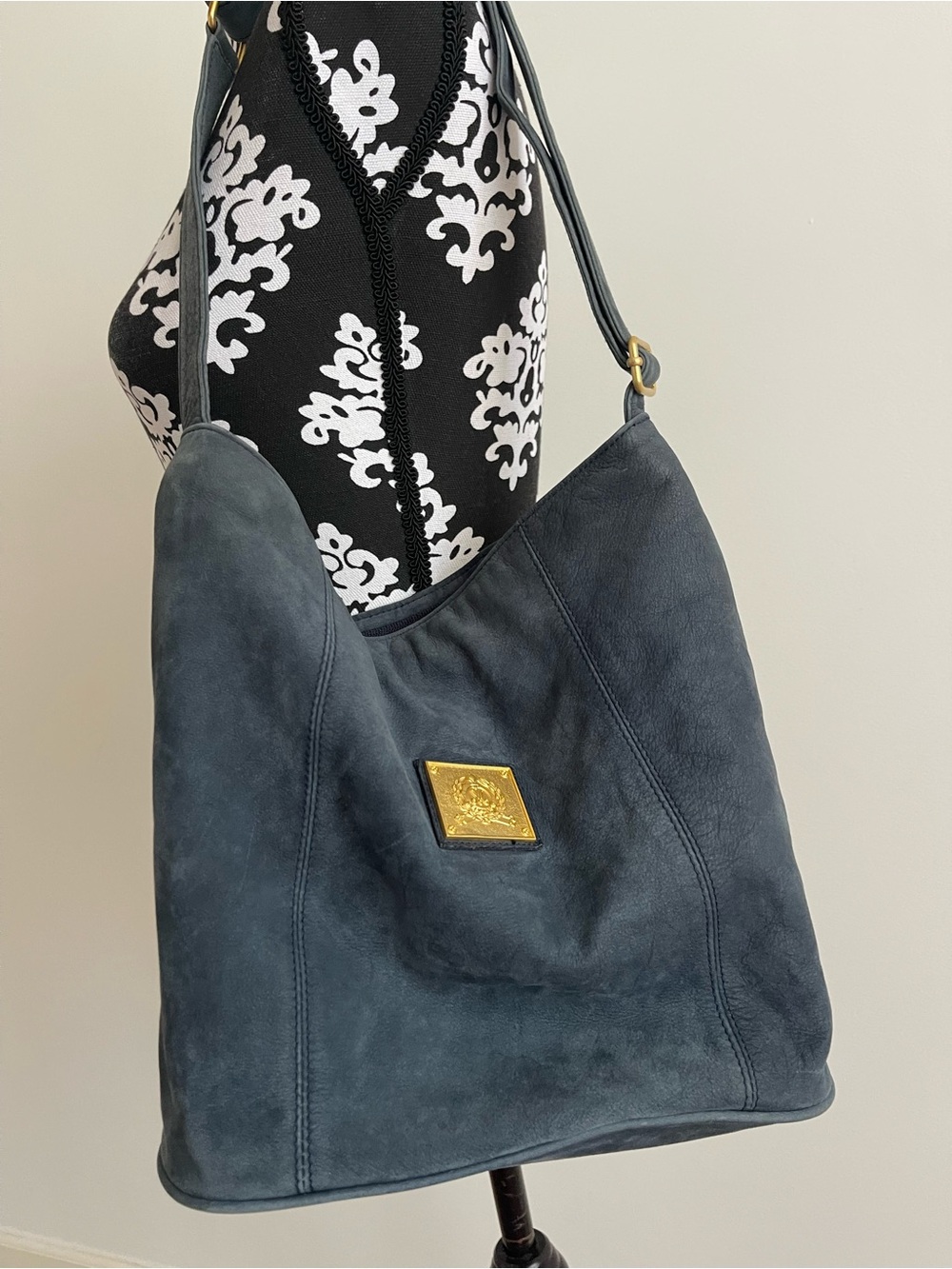 Medallion Genuine Cowhide Leather Suede Shoulder Bag in Slate Blue